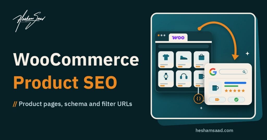 WooCommerce product SEO: a WooCommerce store's product grid in a browser window sending a product to a Google search result with a star rating, price and in-stock icons