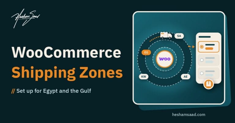 WooCommerce shipping zones for Egypt and the Gulf: zone rings around a WooCommerce store with Egypt, Saudi Arabia, UAE and Kuwait, a delivery truck, and shipping methods with flat rate selected