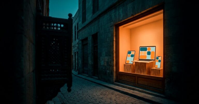 A warmly lit shop window on an old Cairo street at dusk showing a laptop, tablet and phone with three different store designs, a carved mashrabiya in the foreground, for a guide to WooCommerce themes for Arabic stores.