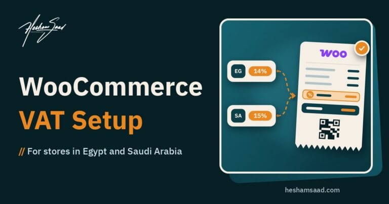 WooCommerce VAT setup for Egypt and Saudi Arabia: a WooCommerce receipt with a highlighted tax line, total and e-invoice QR code, fed by 14% Egypt and 15% Saudi rate cards