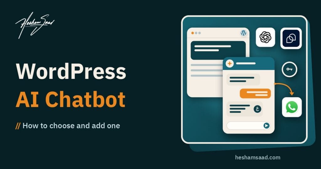 A WordPress AI chatbot: a chat window on a business site answering visitors in Arabic and English, handing off to WhatsApp, with OpenAI and Tidio and a securely stored API key