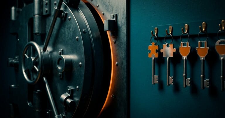 A heavy steel vault door slightly ajar on the left beside keys with puzzle-piece and plug-shaped heads hanging on a teal wall, for a guide to WordPress AI plugin security.