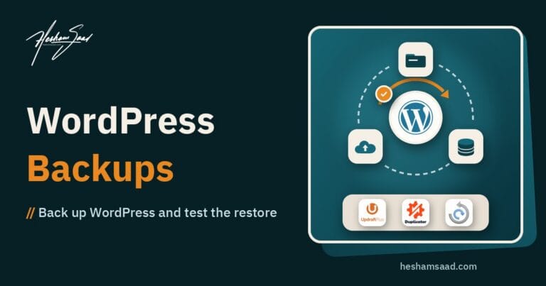 Backing up and restoring WordPress: a backup cycle of files, database and off-site cloud copies around a WordPress site, a tested restore, and UpdraftPlus, Duplicator and All-in-One WP Migration