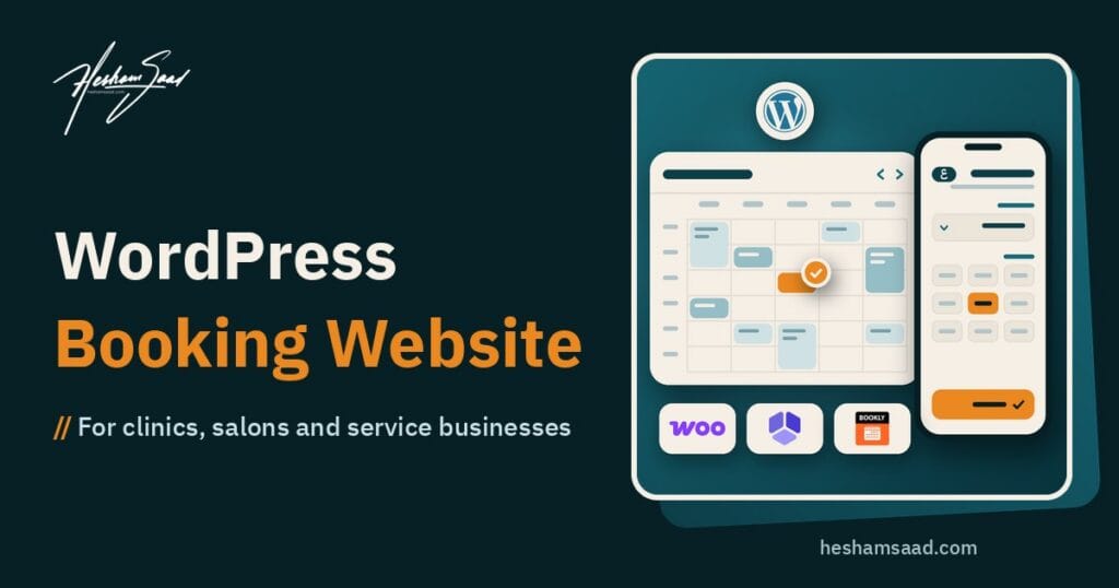 WordPress booking website: a week-view booking calendar with a confirmed slot next to a phone booking form, with WooCommerce, Amelia and Bookly