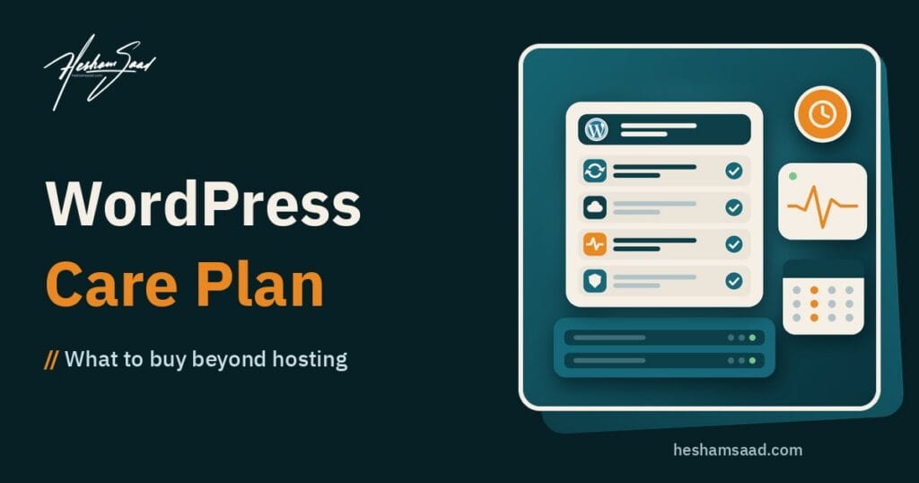A WordPress care plan on top of hosting: checked services for updates, backups, uptime monitoring and security, with an uptime heartbeat, a response-time clock and a maintenance calendar