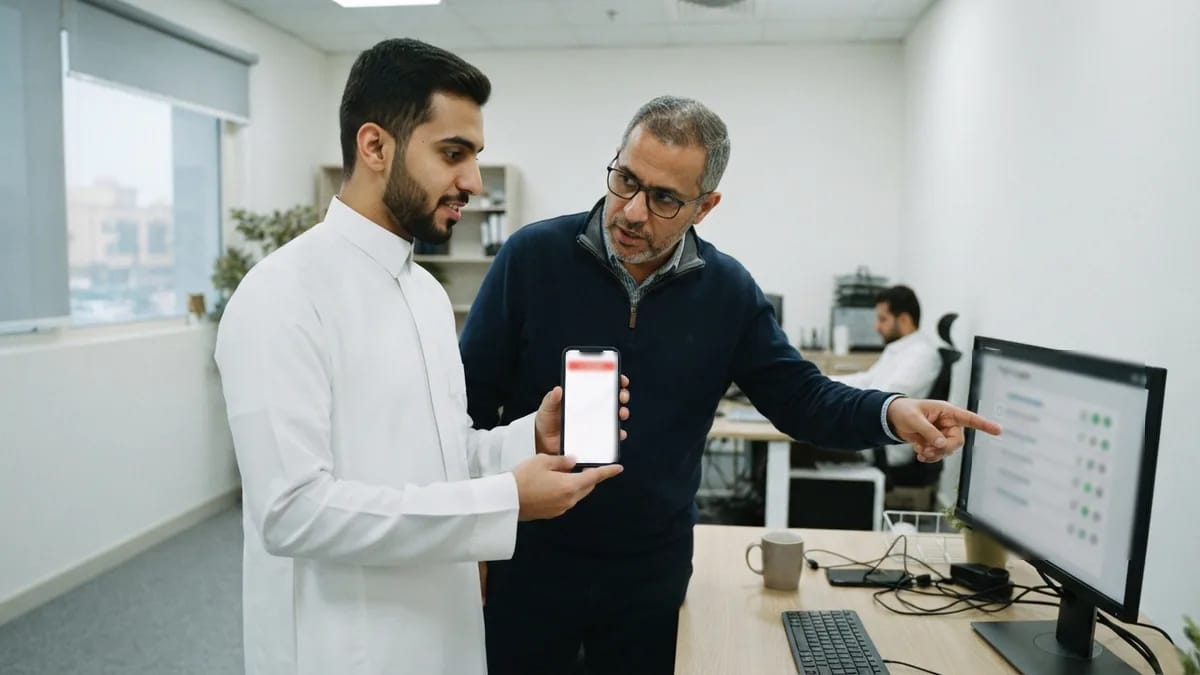 شاب يري زميله تنبيه توقف الموقع على هاتفه، وزميله يشير إلى قائمة فحص نسخة التجربة على الشاشة