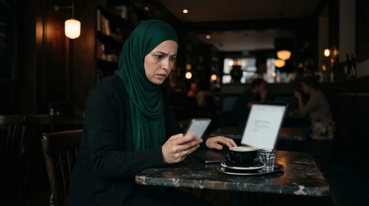 امرأة بحجاب أخضر زمردي في مقهى تنظر إلى شاشة خطأ فادح في ووردبريس على اللابتوب وإلى رسالة وضع الاسترداد على هاتفها بعد إضافة كود