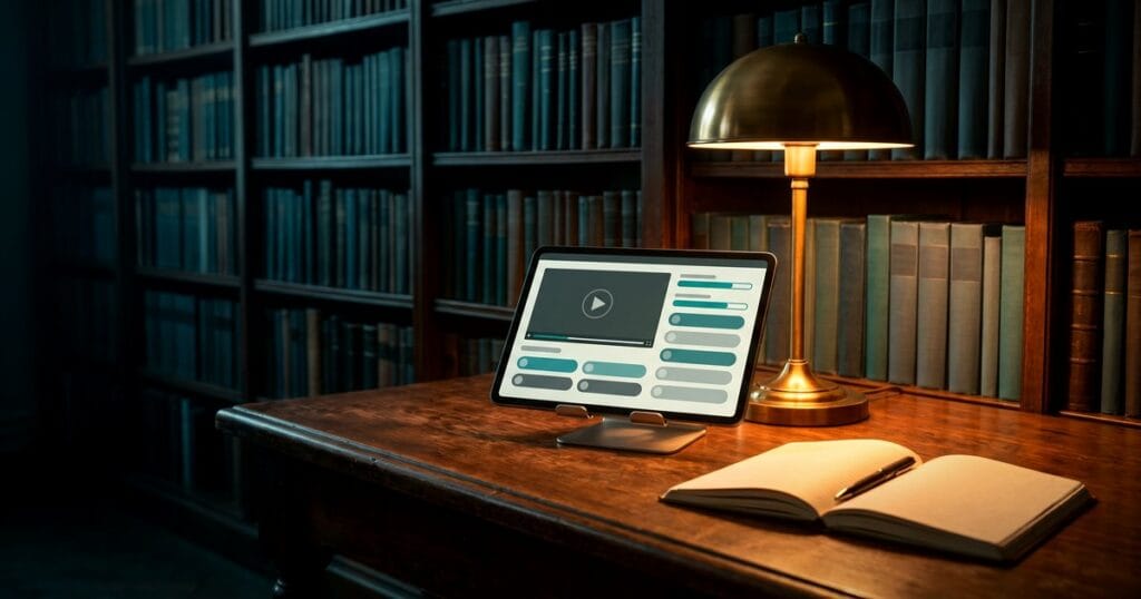A tablet showing an online-course layout stands under a warm brass reading lamp beside an open notebook on an old library table, shelves fading into teal shadow, for choosing a WordPress education theme.