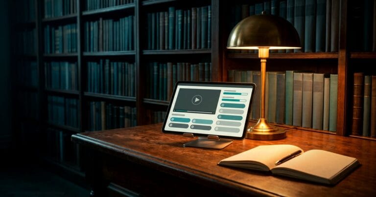 A tablet showing an online-course layout stands under a warm brass reading lamp beside an open notebook on an old library table, shelves fading into teal shadow, for choosing a WordPress education theme.