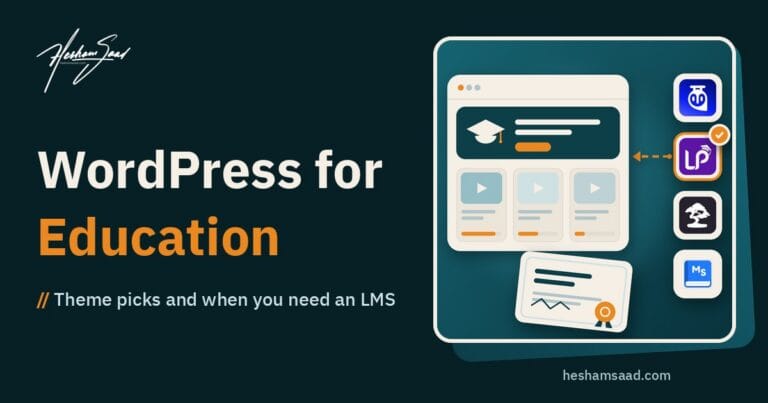 Choosing a WordPress education theme: a course website with lessons and progress bars, LMS plugin icons for Tutor LMS, LearnPress, Sensei and MasterStudy, and a course certificate