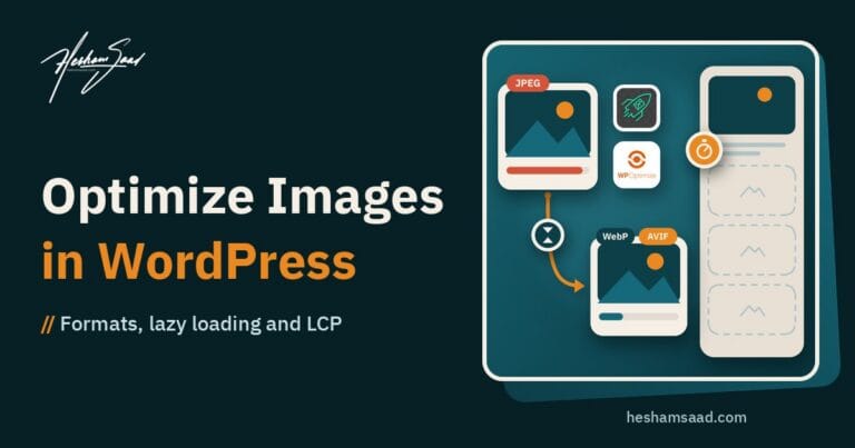 WordPress image optimization: a heavy JPEG compressed into a lighter WebP/AVIF file, lazy-loaded images on a page with an LCP timer, and the WebP Converter and WP-Optimize plugins