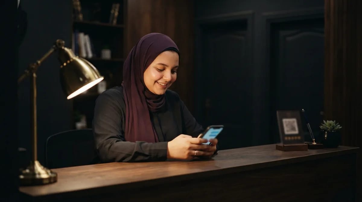 موظفة استقبال بحجاب بنفسجي داكن في عيادة أسنان ترسل لمريض رابط تقييم على جوجل عبر واتساب، وعلى المكتب الخشبي بطاقة تقييم برمز QR