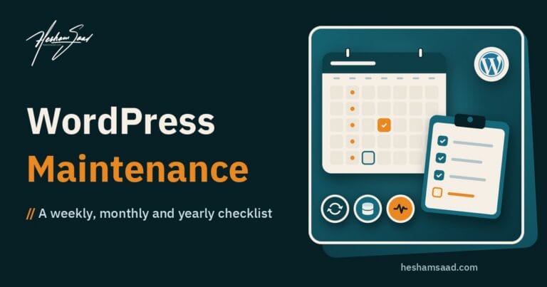 WordPress maintenance checklist: a calendar with weekly, monthly and yearly tasks, a checklist clipboard and badges for updates, backups and site health