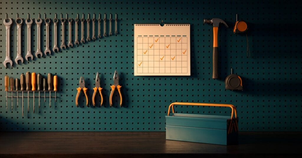 A workshop pegboard with neatly hung tools, a wall calendar grid with orange check marks, and a teal toolbox on the bench, for a WordPress maintenance checklist.