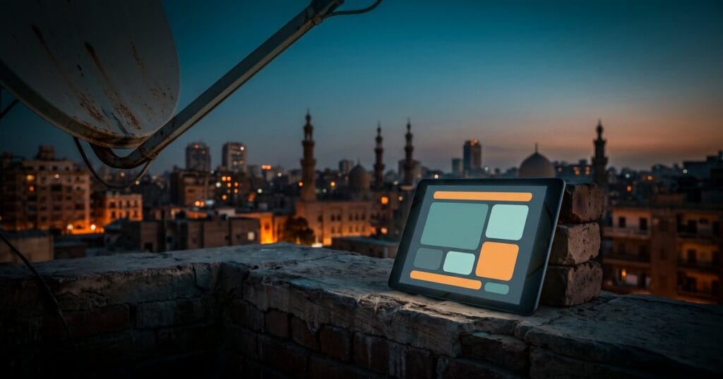 A tablet showing a news-site grid layout leans on a Cairo rooftop parapet beside a satellite dish, with minarets and lit windows glowing under a deep teal blue-hour sky, for WordPress news themes and plugins.