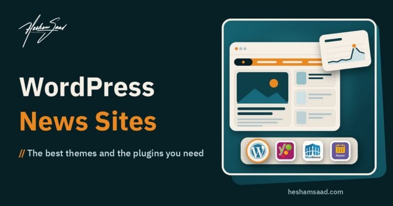 WordPress news site themes and plugins: a news homepage with a breaking ticker, a traffic spike chart, and plugin icons for Yoast SEO, Wordfence and PublishPress