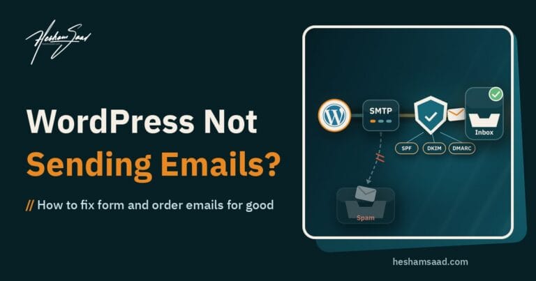 WordPress logo sending an email through SMTP and an SPF, DKIM and DMARC shield to an inbox, with a broken branch dropping an email into spam