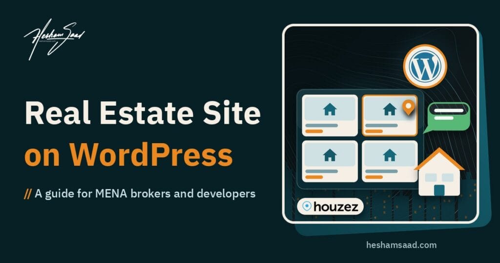 WordPress and Houzez logos above a property listings panel with map pin cards