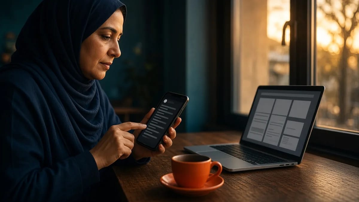 امرأة بحجاب كحلي تجرب قائمة الموقع على هاتفها بجانب نافذة مقهى