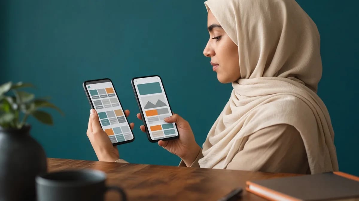 امرأة بحجاب بيج تقارن بين التصميم القديم والجديد للموقع على هاتفين