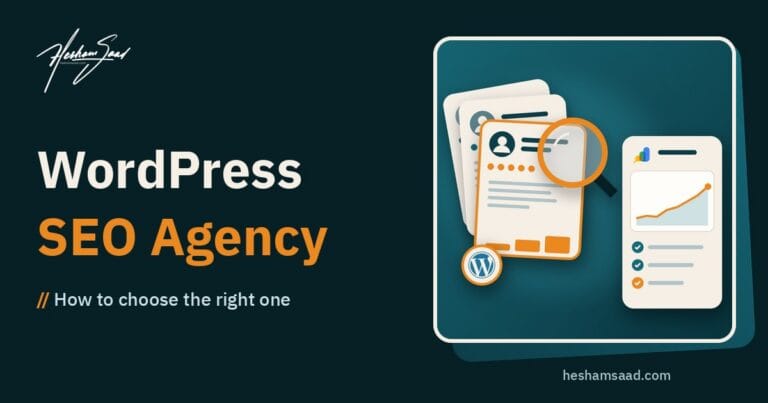 Choosing a WordPress SEO agency: comparing agency proposals with a magnifier, next to an SEO report with Google Search Console, a rising traffic chart and a checklist