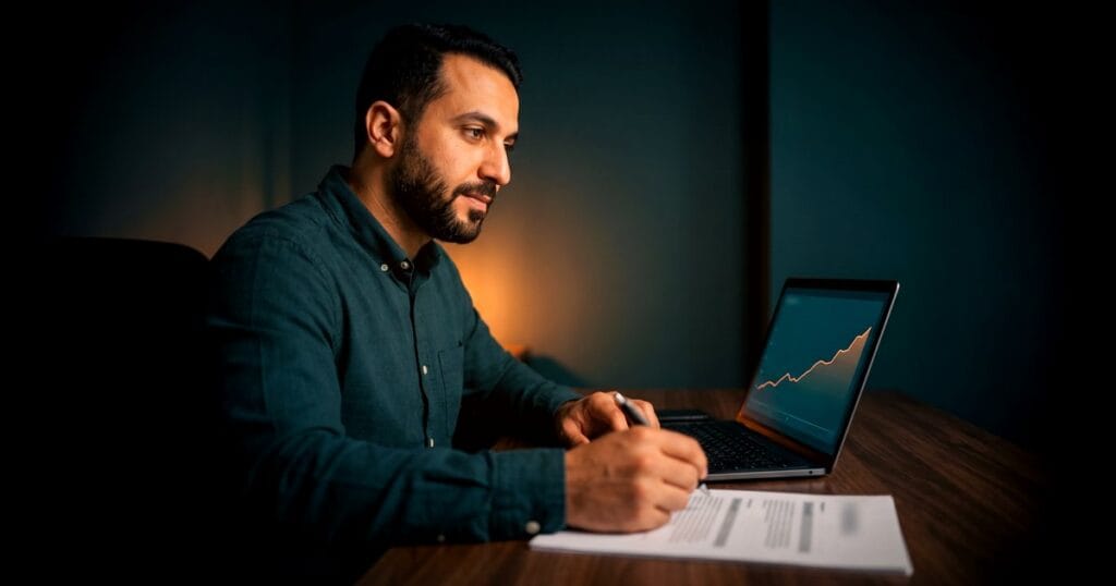 صاحب عمل عربي على مكتبه يراجع عرض سيو مطبوعًا بالقلم مقارنةً برسم بياني للنقرات على الحاسوب، لاختيار وكالة سيو.