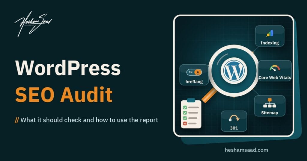 WordPress logo inside a magnifying glass linked to Indexing, Core Web Vitals, Sitemap, 301 and hreflang checks, with an audit clipboard