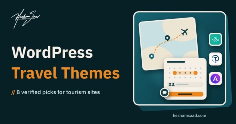 WordPress travel agency themes: an itinerary map with a dashed route and a plane, a booking calendar widget, and icons for WP Travel Engine, Tourfic and Astra