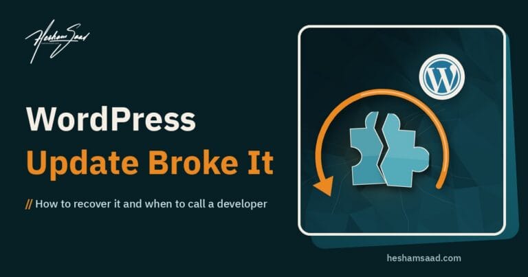 WordPress logo with a cracked plugin puzzle piece and an orange rollback arrow wrapping it back into place