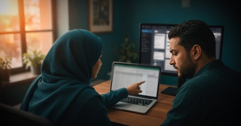 امرأة محجبة وزميلها في مكتب بالقاهرة يراجعان ميزانية تكلفة موقع ووردبريس على اللابتوب، وعلى الشاشة الثانية لوحة تحكم الموقع