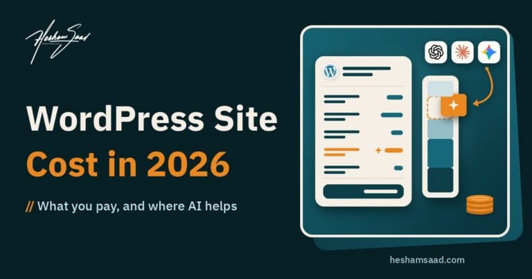 WordPress website cost in 2026: a project quote with line items, a budget column with the part AI can save pulled out, AI tools from OpenAI, Anthropic Claude and Google Gemini, and a stack of coins