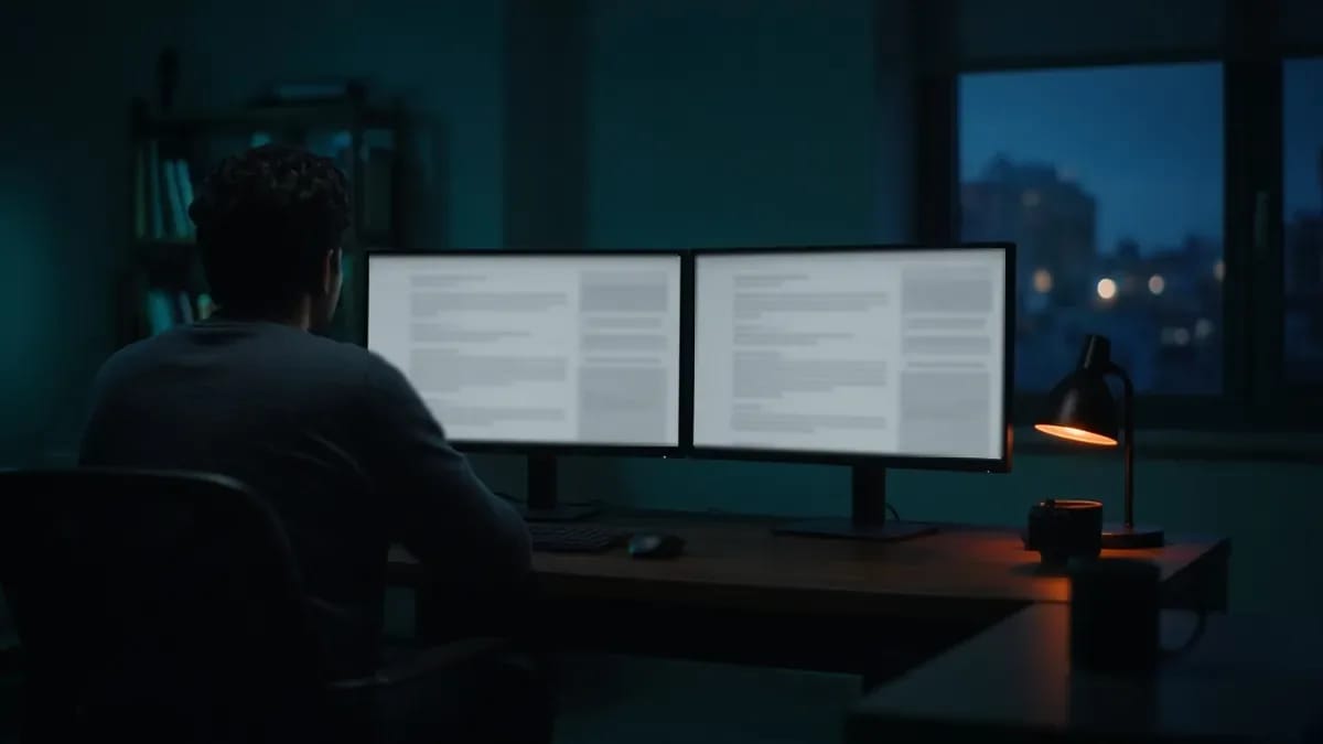 شاب يجلس أمام شاشتين في المساء ويقارن بين نسختين من المقال