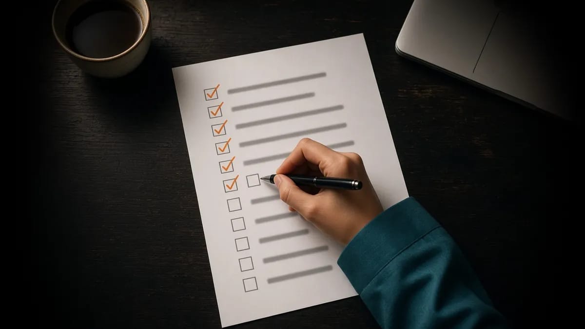 يد تضع علامة صح على ورقة مطبوعة لمراجعة عرض السعر، وبجانبها فنجان قهوة