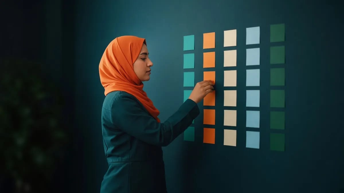 امرأة بحجاب برتقالي تلصق أوراقًا ملونة على الحائط في خمسة أعمدة، كل عمود لبند من بنود تكلفة موقع ووردبريس