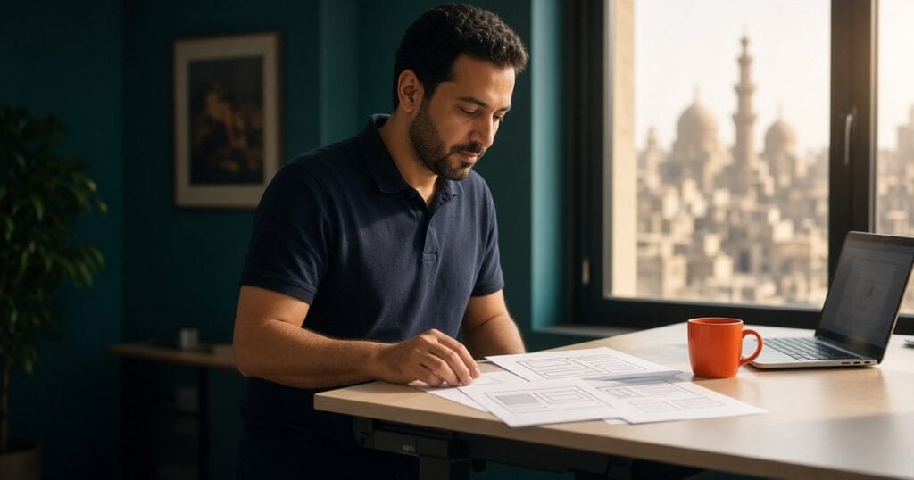 رجل بقميص كحلي يقف أمام مكتبه في القاهرة ويراجع مخططات مطبوعة لإعادة تصميم موقع ووردبريس بجانب اللابتوب