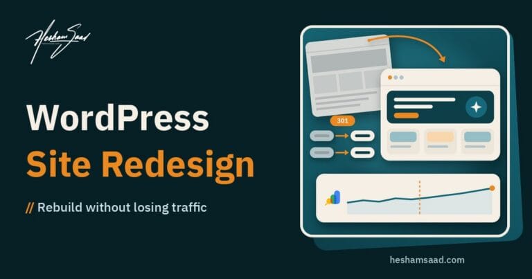 WordPress website redesign: an old, dated site rebuilt into a fresh modern one, old URLs redirected to new ones with 301 redirects, and search traffic that keeps rising after launch in Google Search Console