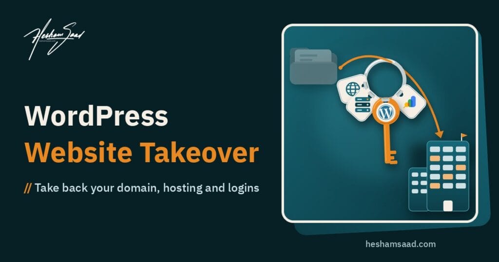 WordPress website takeover: a key ring with domain, hosting, WordPress and Google Search Console keys moving from a former developer's folder to your company's building
